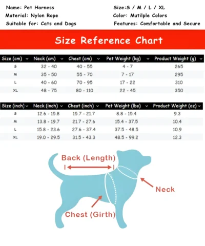 Pet LED Vest, Dog Vest size table