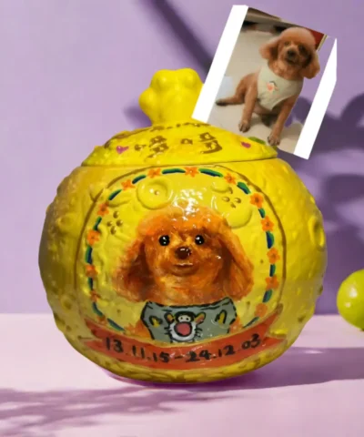Custom Pet Urn Planet with real photo reference in yellow color
