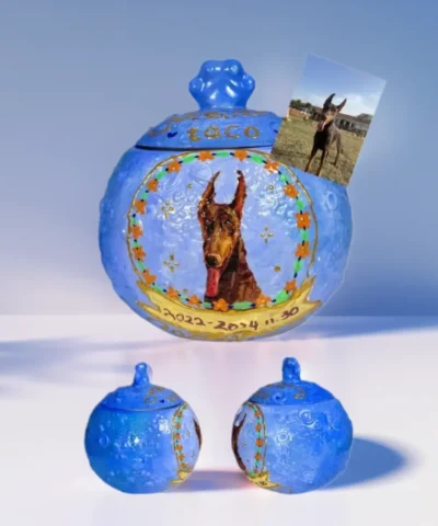 Custom Pet Urn Planet with real photo reference in blue color